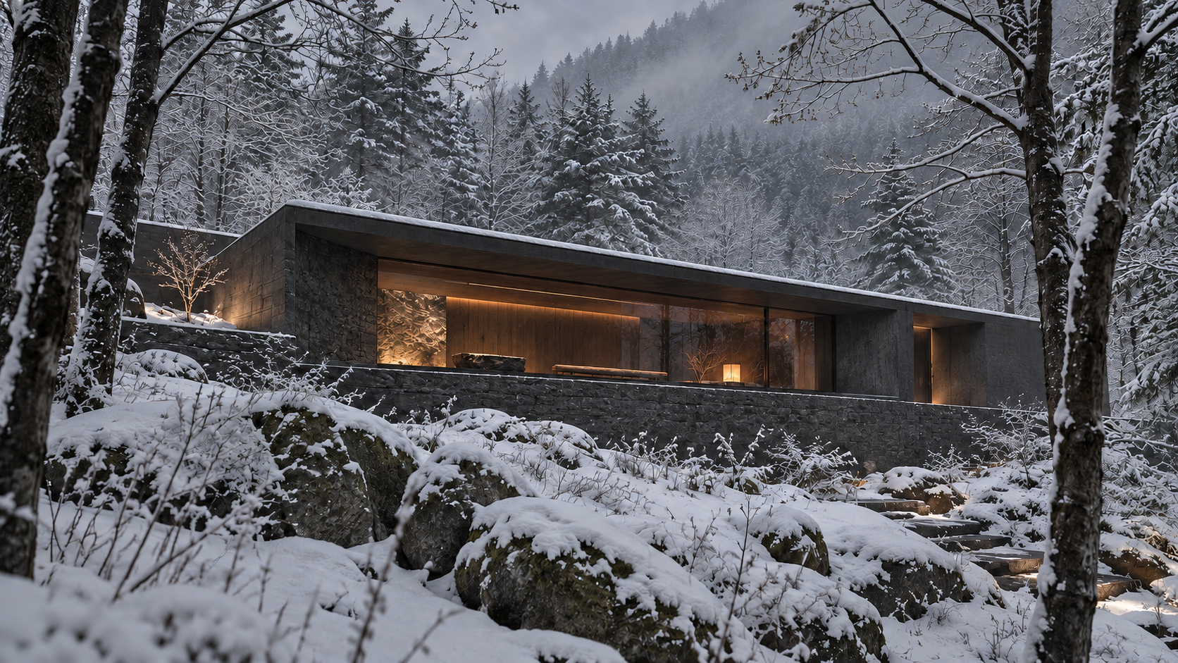雪景色の中に佇む建築の外観CG