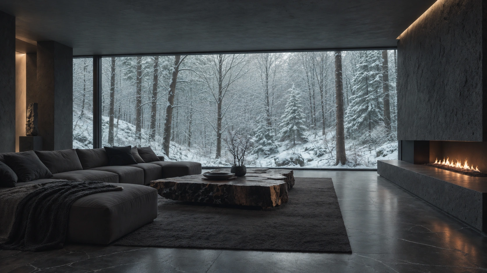 雪景色を望む雪凪のリビング。ソファと暖炉を配したCGパース。